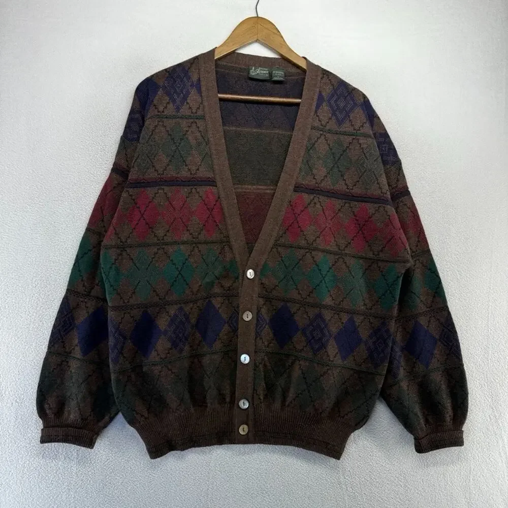 Vintage Florence Sweater men's large Brown Merino Wool Diamond Italy Grandpa 90s